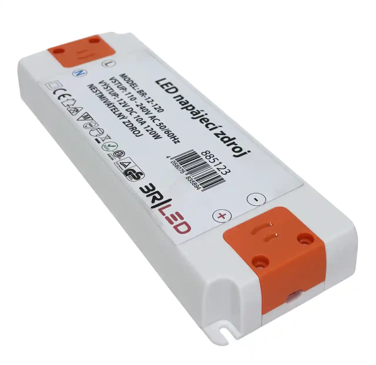 LED napájecí zdroj BR-12-120 plastový 12V 120W 10A IP20 nábytkový typ pro skryté vnitřní instalace